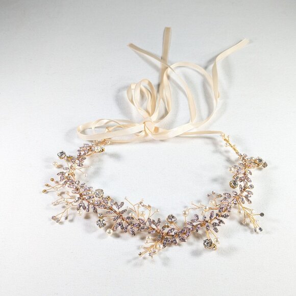 Summer Goddess bridal headband, wedding accessory hairstyle gold pearl crystals - Picture 6 of 11